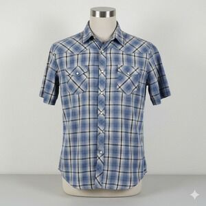 Wrangler Wrancher Western Shirt Mens 2XT Tall Blue Plaid Short Sleeve Pearl Snap